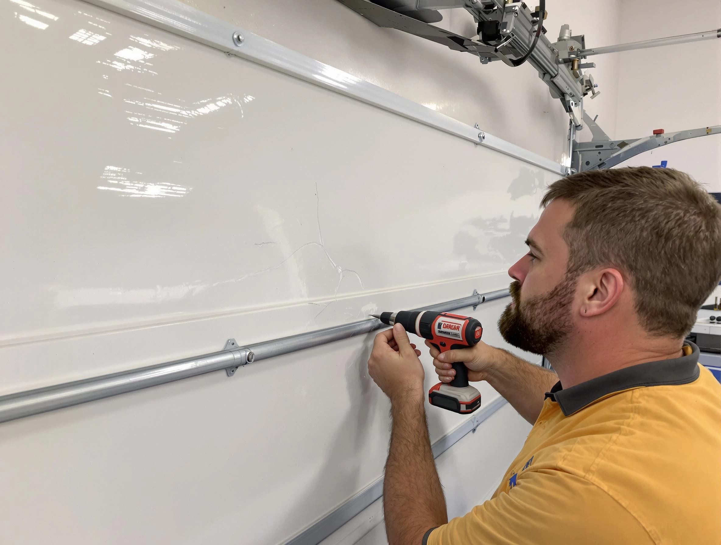 Franklin Park Garage Door Repair expert performing dent repair on garage door in Franklin Park