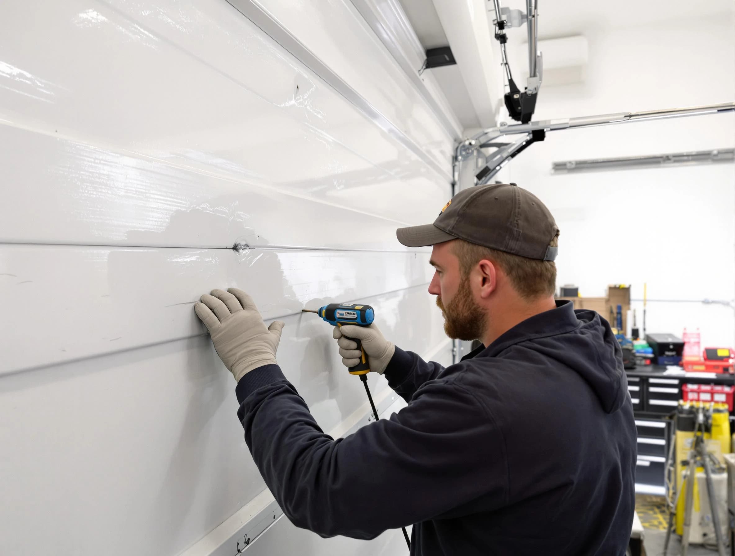 Franklin Park Garage Door Repair technician demonstrating precision dent removal techniques on a Franklin Park garage door